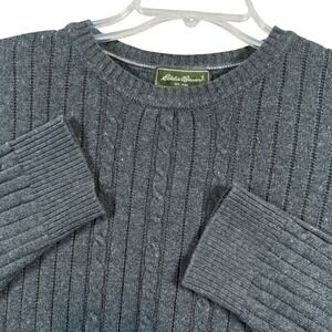 Eddie Bauer Sweater Mens Medium Gray‎ Cotton Cashmere Cable Knit Ribbed Pullover
